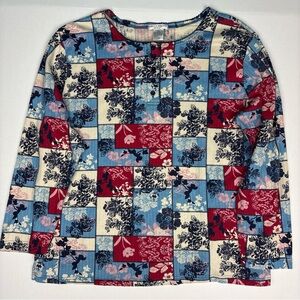 Rebecca Malone Women's 3X Shirt Red Cream Blue Floral Patchwork Cotton Buttons